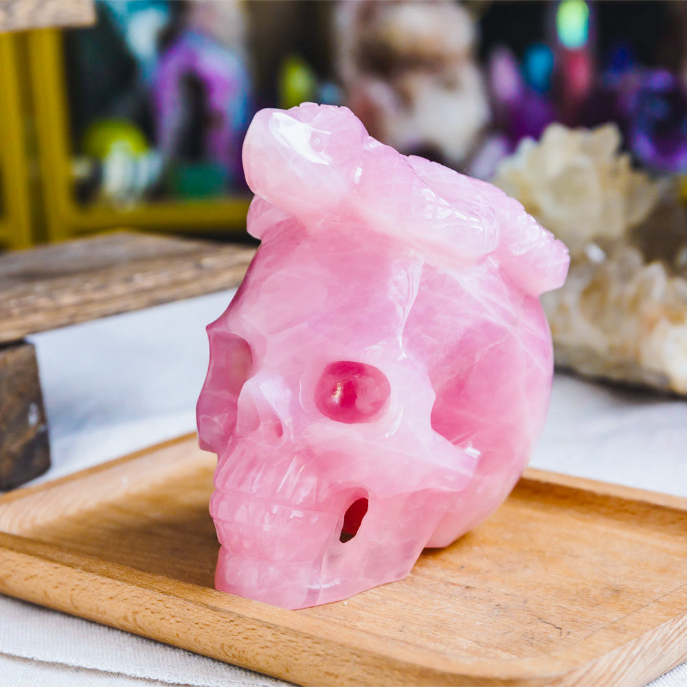 Rose Quartz Skull With Snake