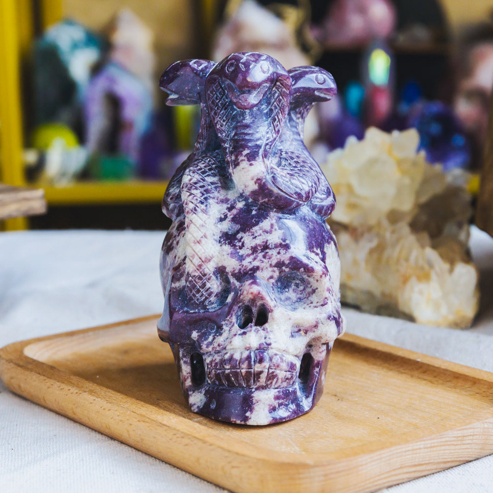 Lepidolite Skull With Snake