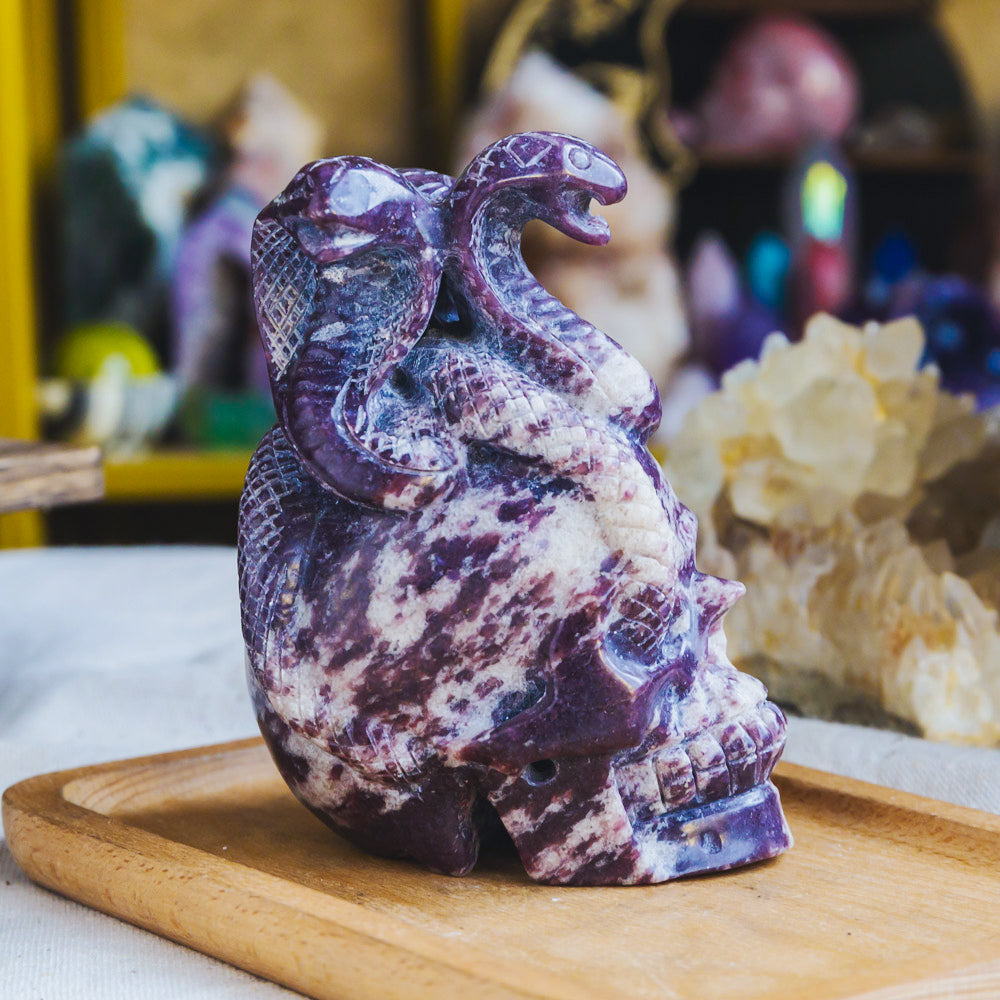 Lepidolite Skull With Snake