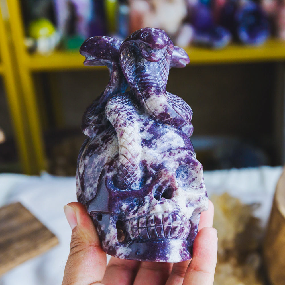 Lepidolite Skull With Snake