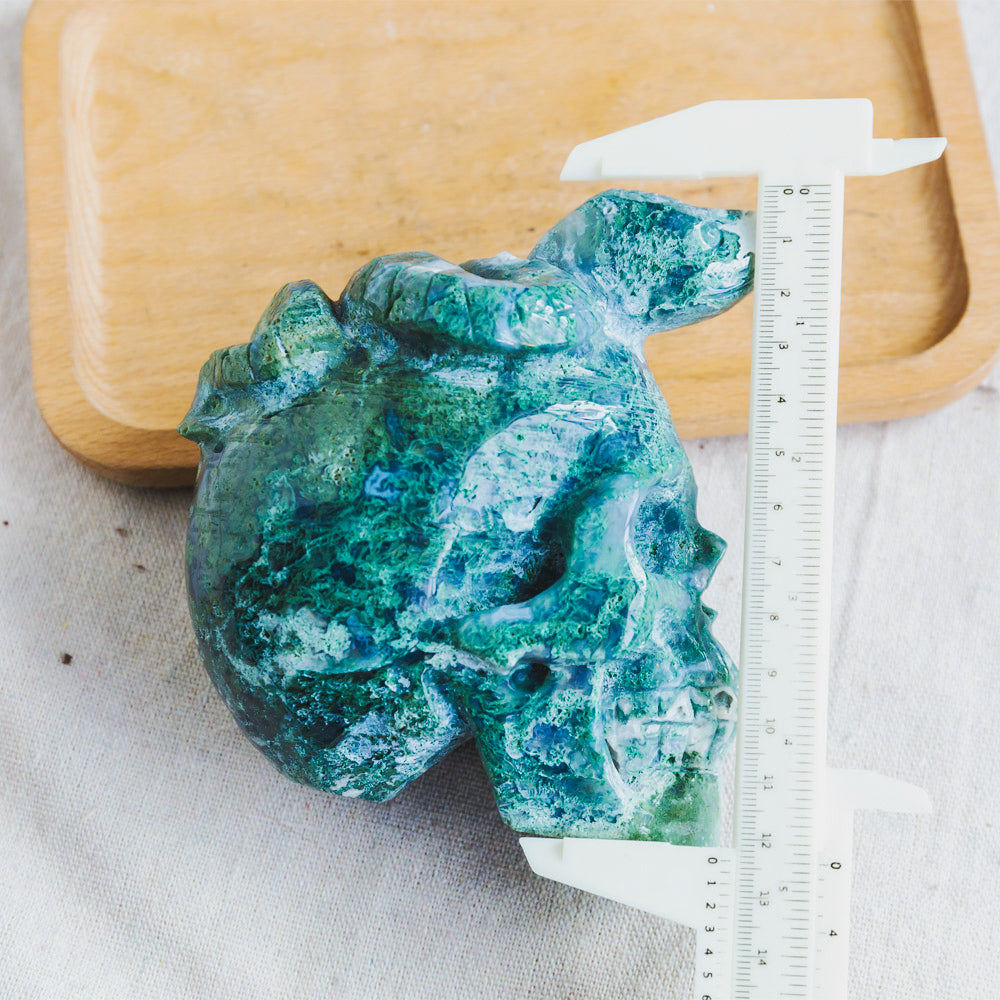 Moss Agate Skull With Snake