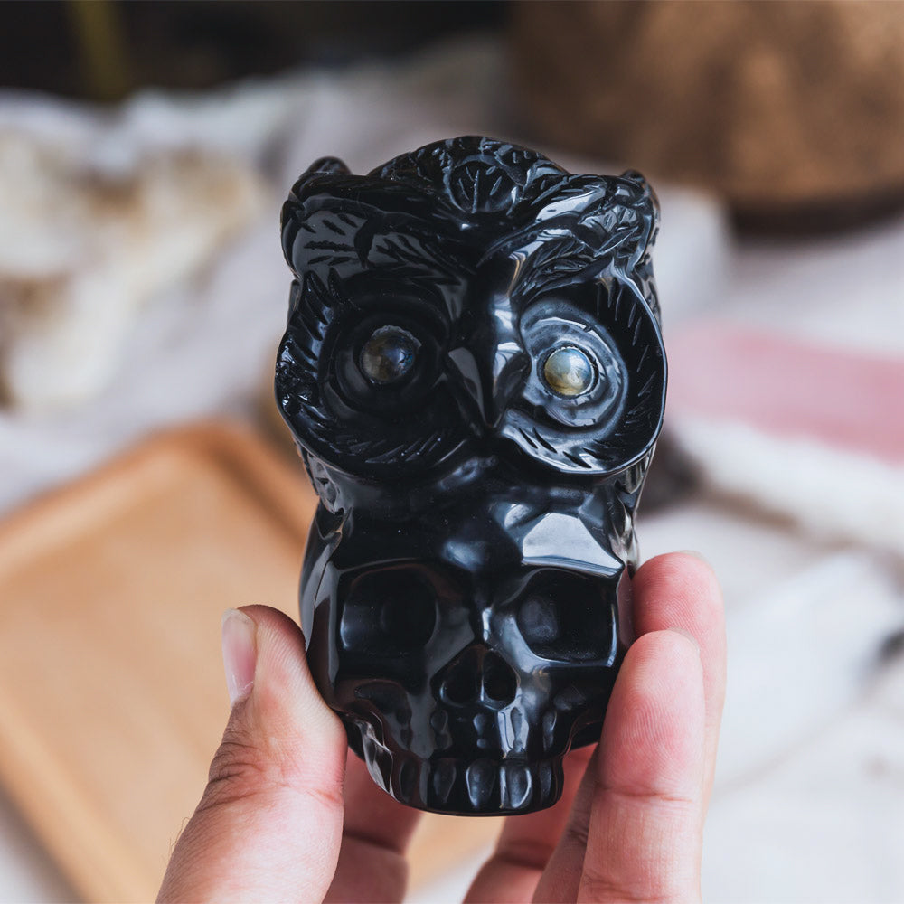 Black Obsidian Skull With Owl