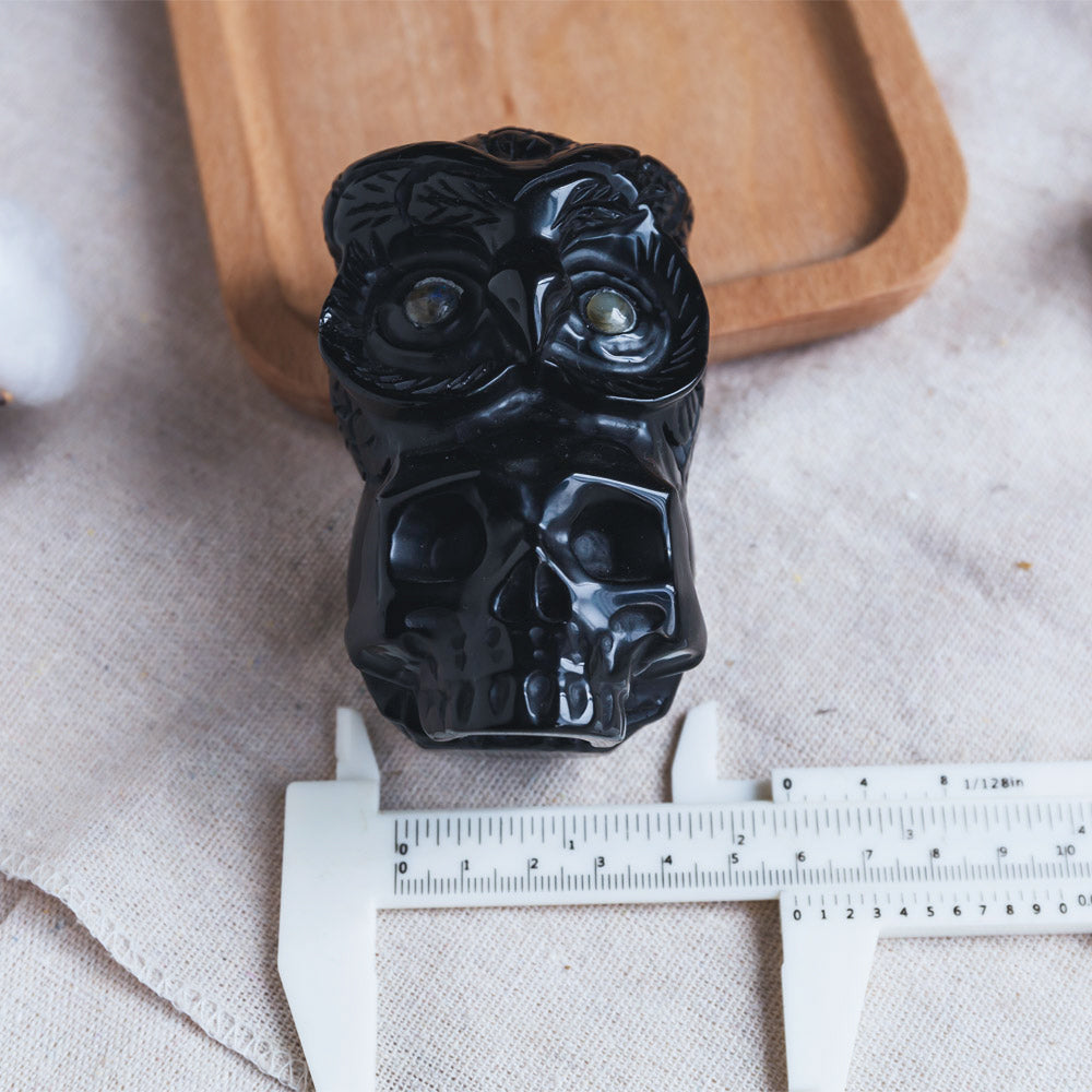 Black Obsidian Skull With Owl