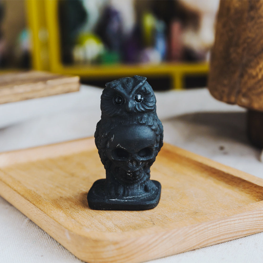 2.5" Black Obsidian Skull With Owl