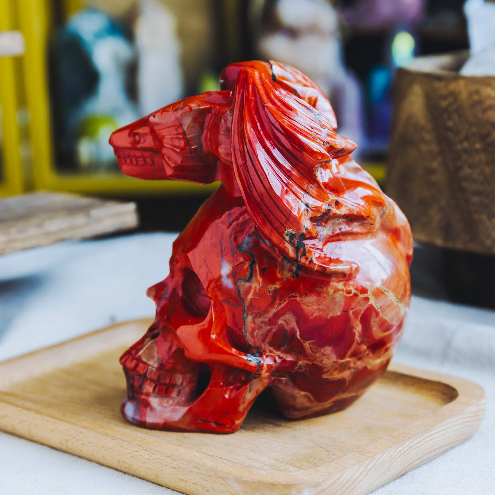 Red Jasper Skull With Flying Dragon