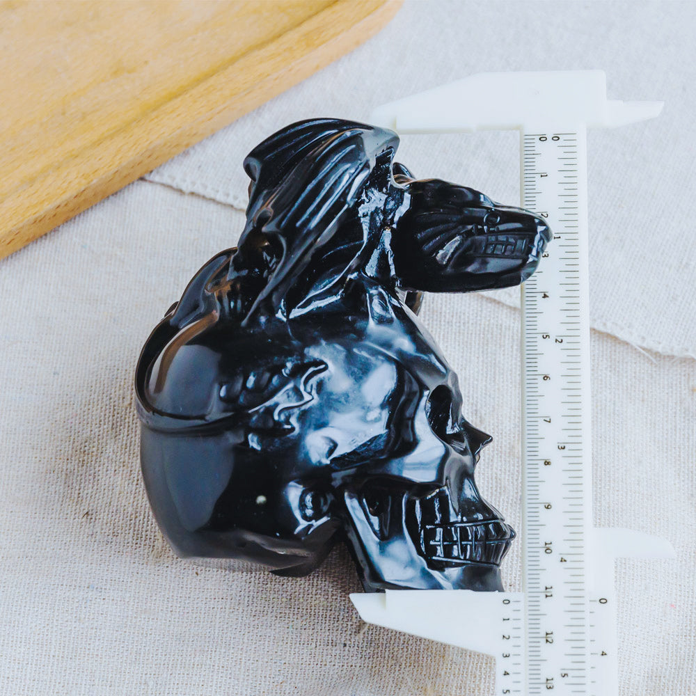 Black Obsidian Skull With Flying Dragon