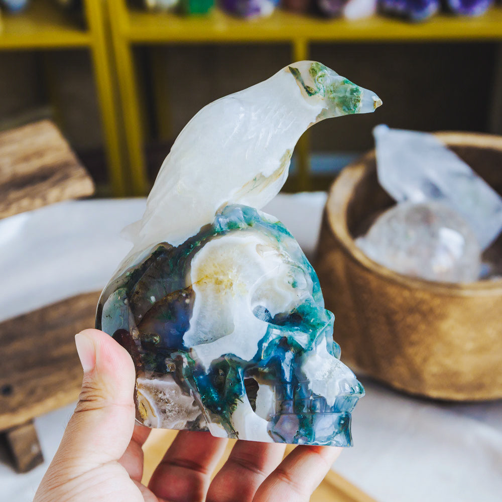 Moss Agate Skull With Crow