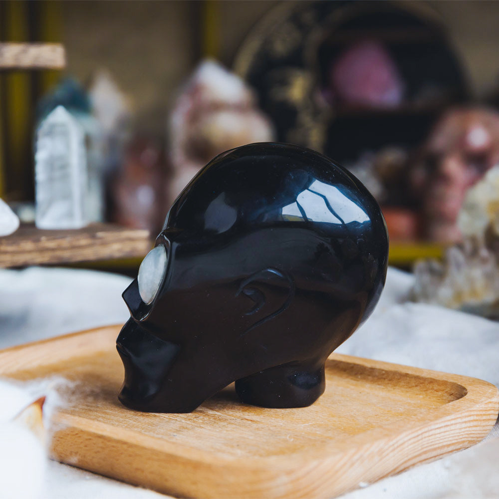 Black Obsidian Alien Skull With Moonstone Eyes