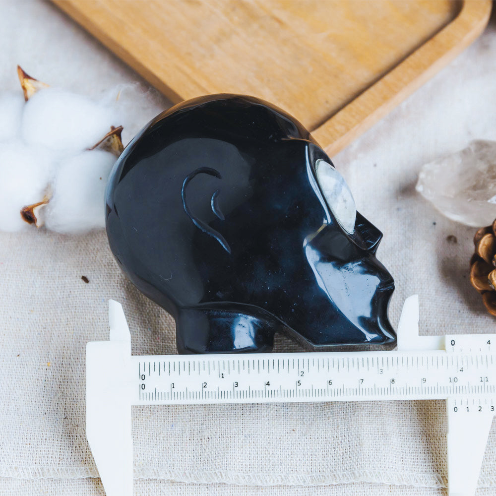 Black Obsidian Alien Skull With Moonstone Eyes