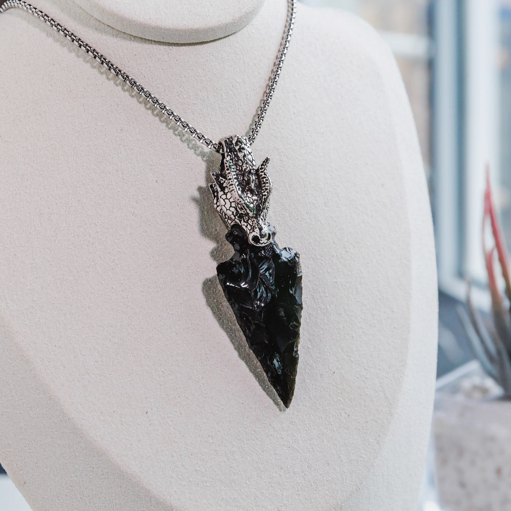 Punk Style Skull Head With Black Obsidian Sword Necklace Pendant