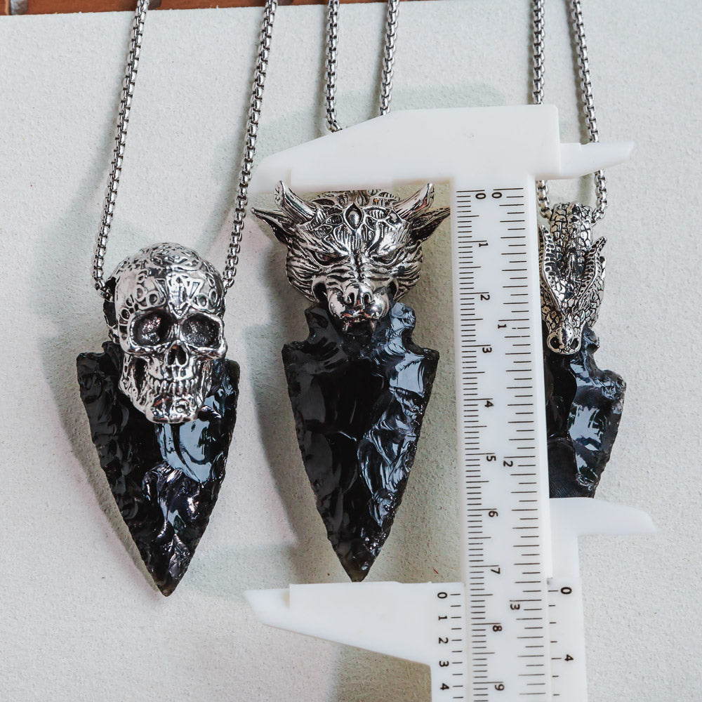 Punk Style Skull Head With Black Obsidian Sword Necklace Pendant