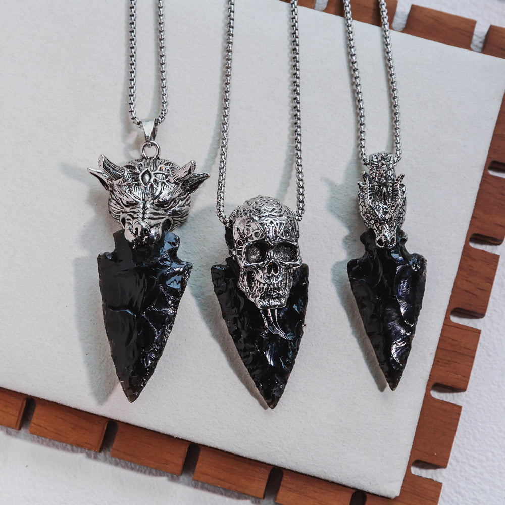 Punk Style Skull Head With Black Obsidian Sword Necklace Pendant