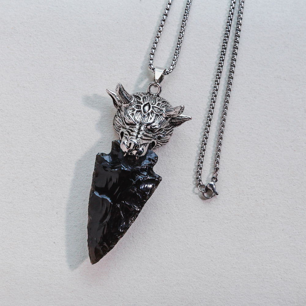 Punk Style Skull Head With Black Obsidian Sword Necklace Pendant