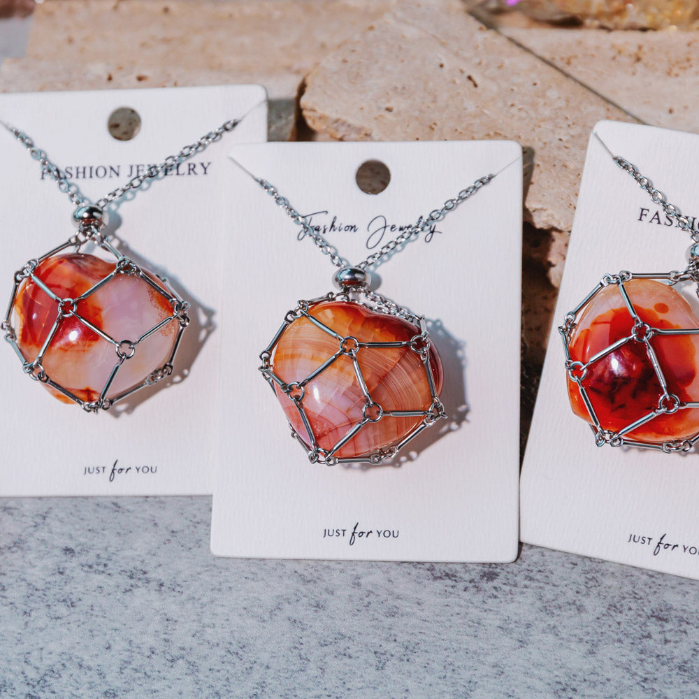 Natural Crystal Net Metal Bamboo Necklace Woven Pendant 【Carnelian Heart】