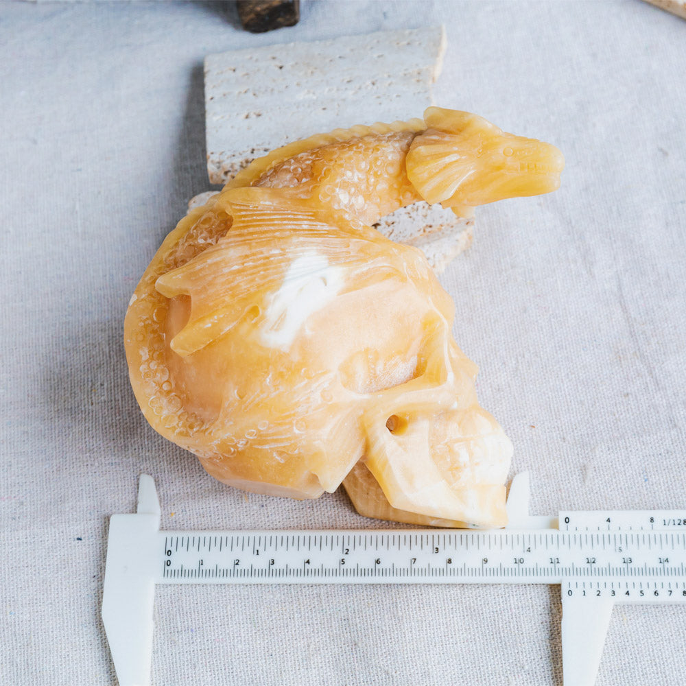 Orange Calcite Skull With Flying Dragon