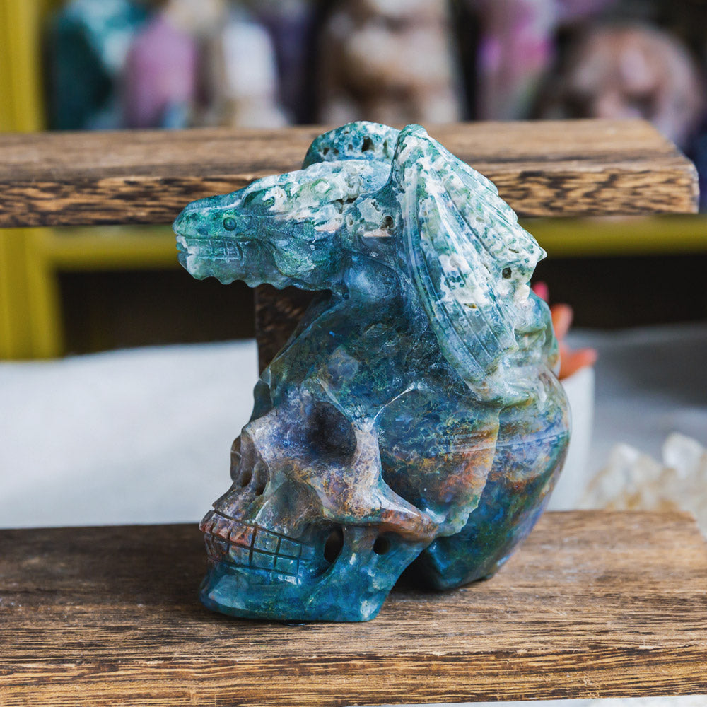 Ocean Jasper Skull With Flying Dragon