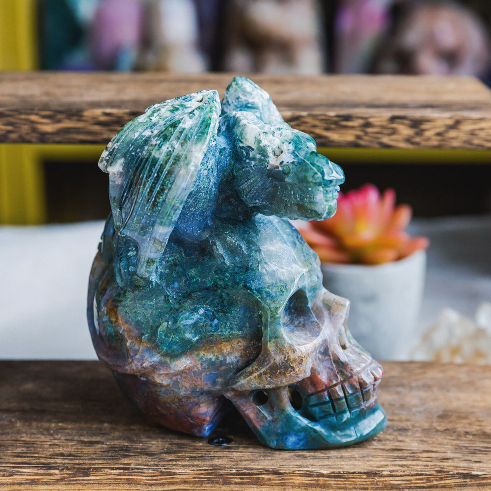 Ocean Jasper Skull With Flying Dragon