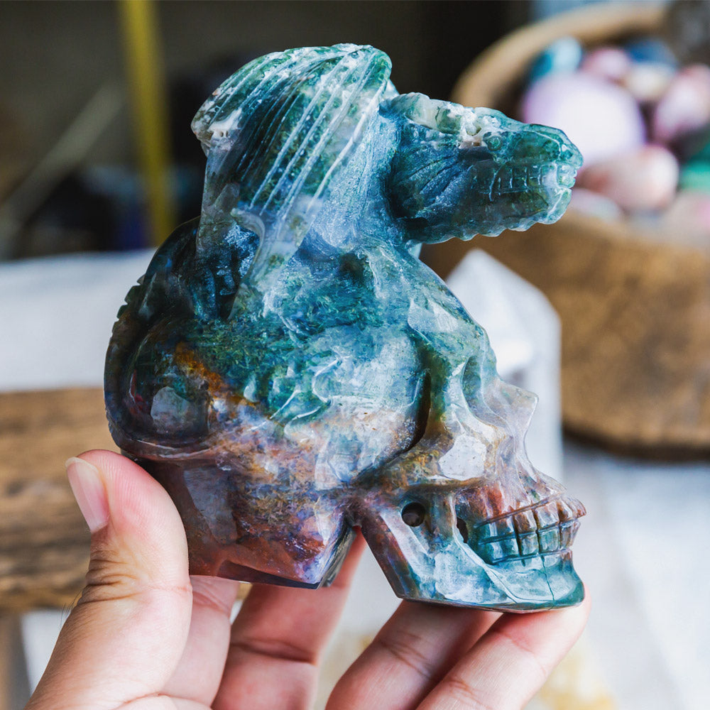 Ocean Jasper Skull With Flying Dragon