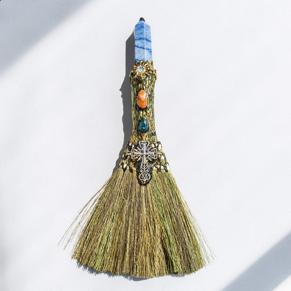 Wiccan Broom Crystal Raw Stone Handmade Magic Broom