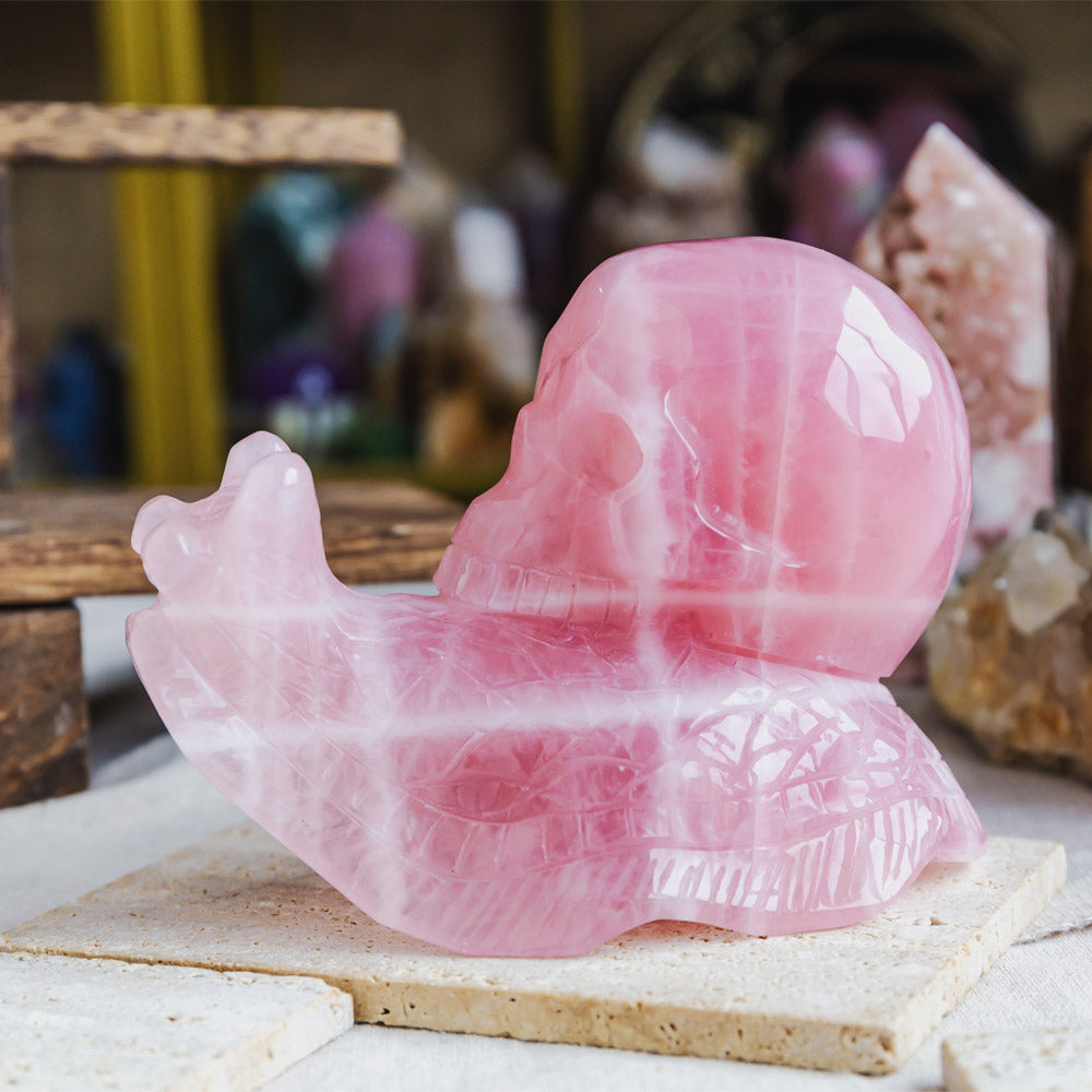 Rose Quartz Skull With Snail