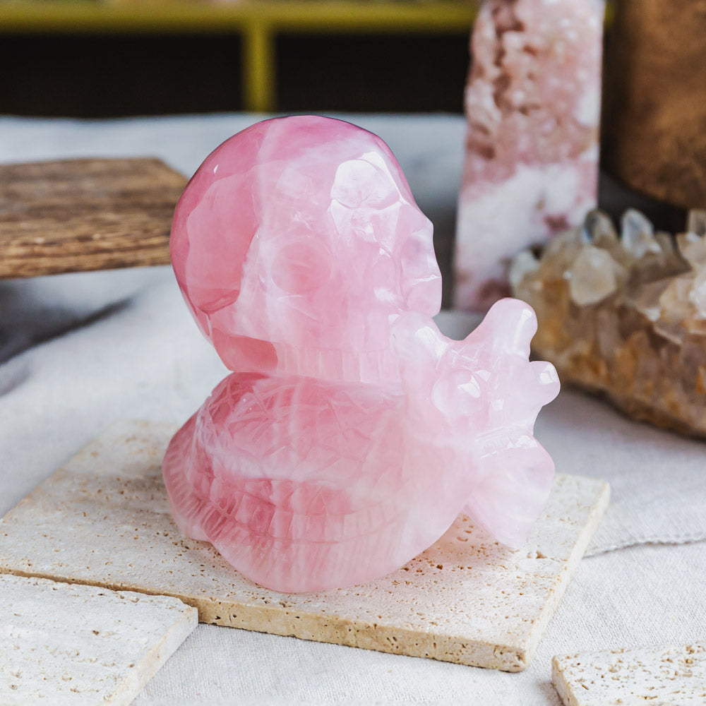 Rose Quartz Skull With Snail