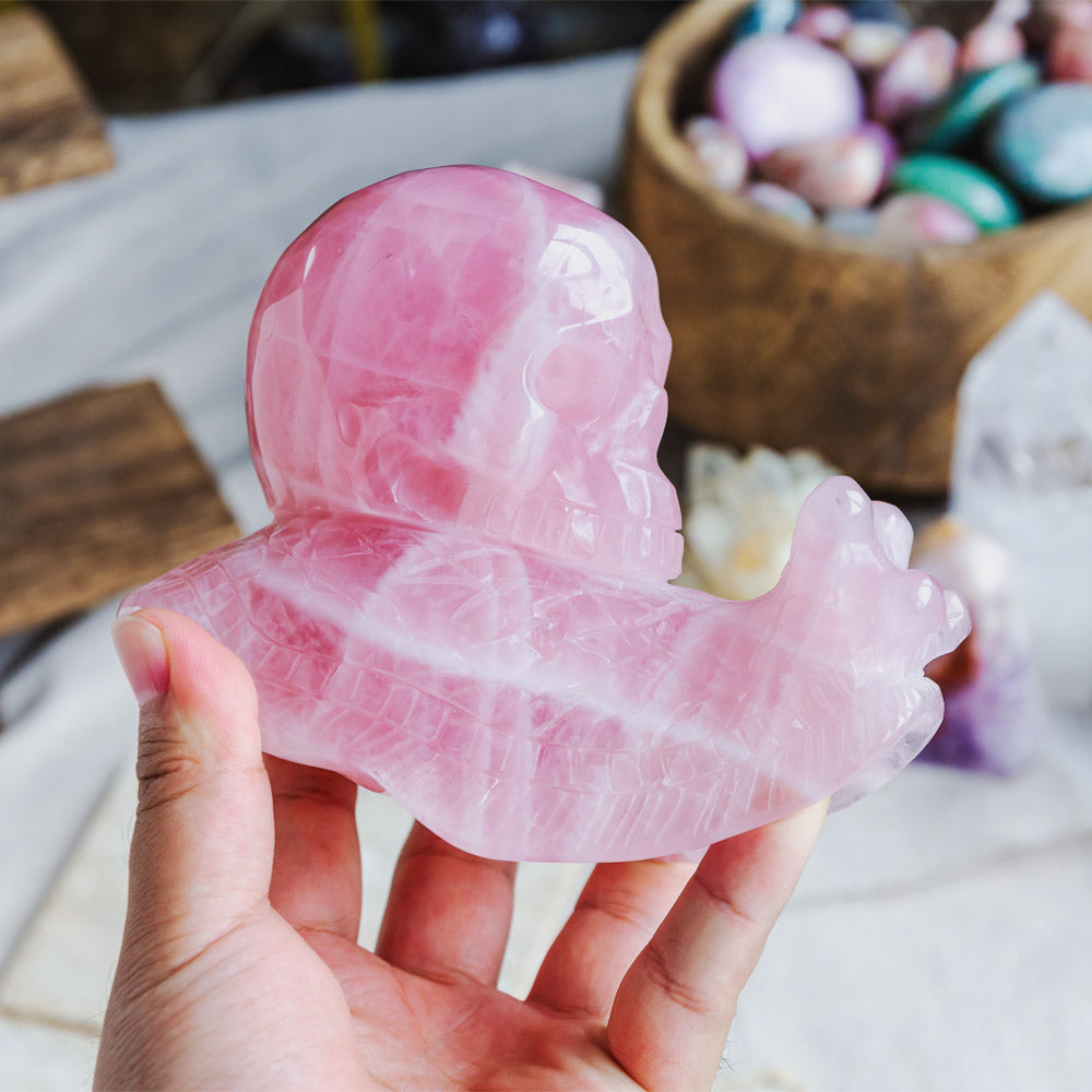 Rose Quartz Skull With Snail