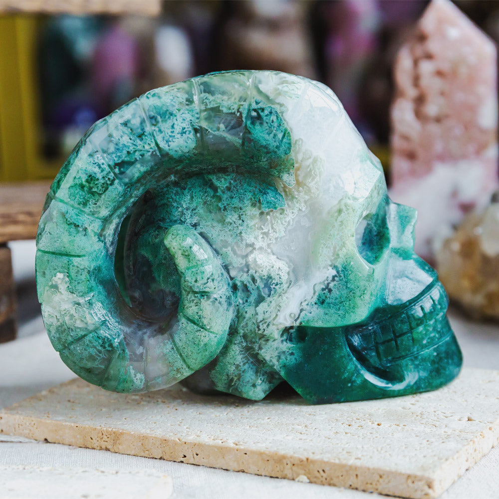 Moss Agate Sheep Skull