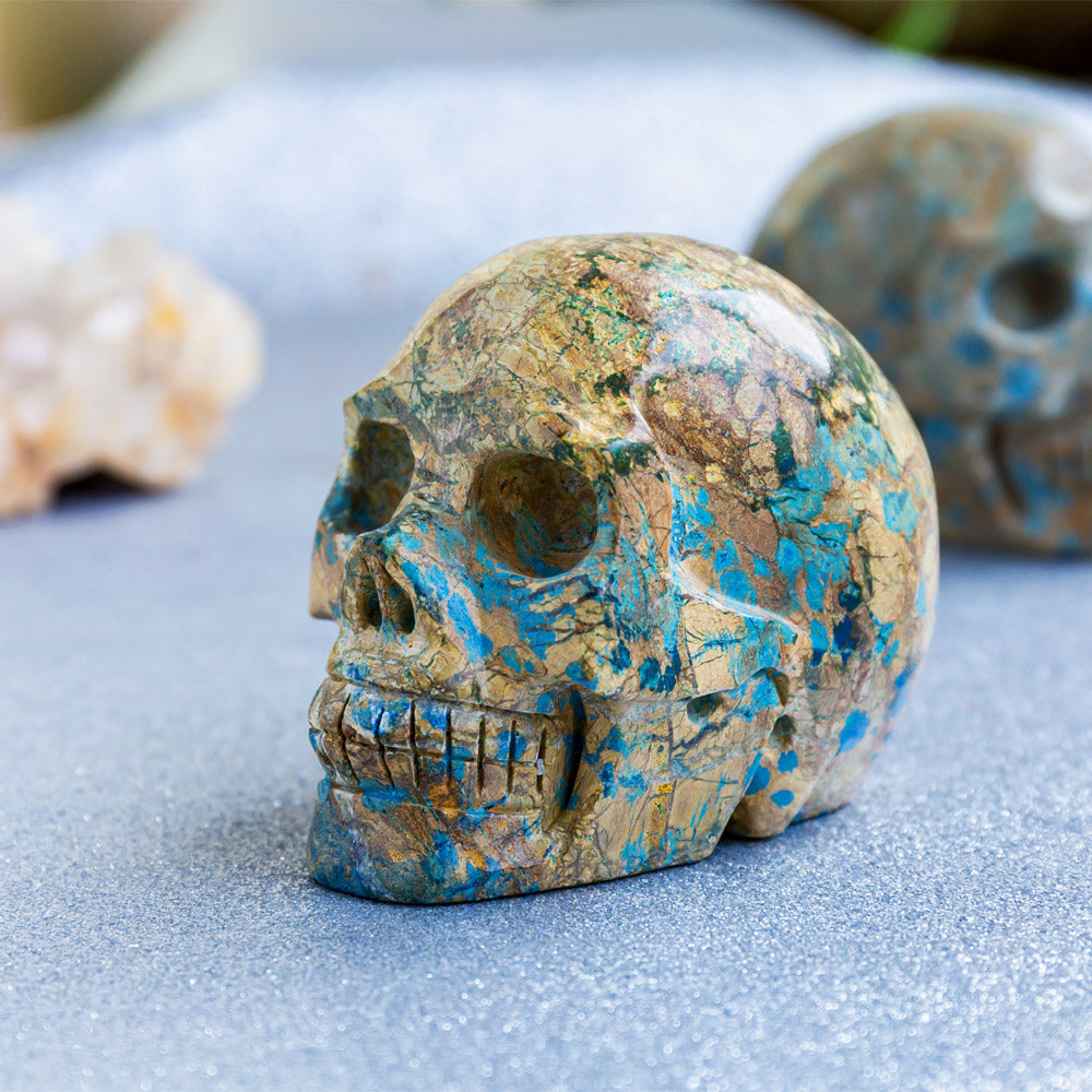 Blue Apatite In Jasper Skull