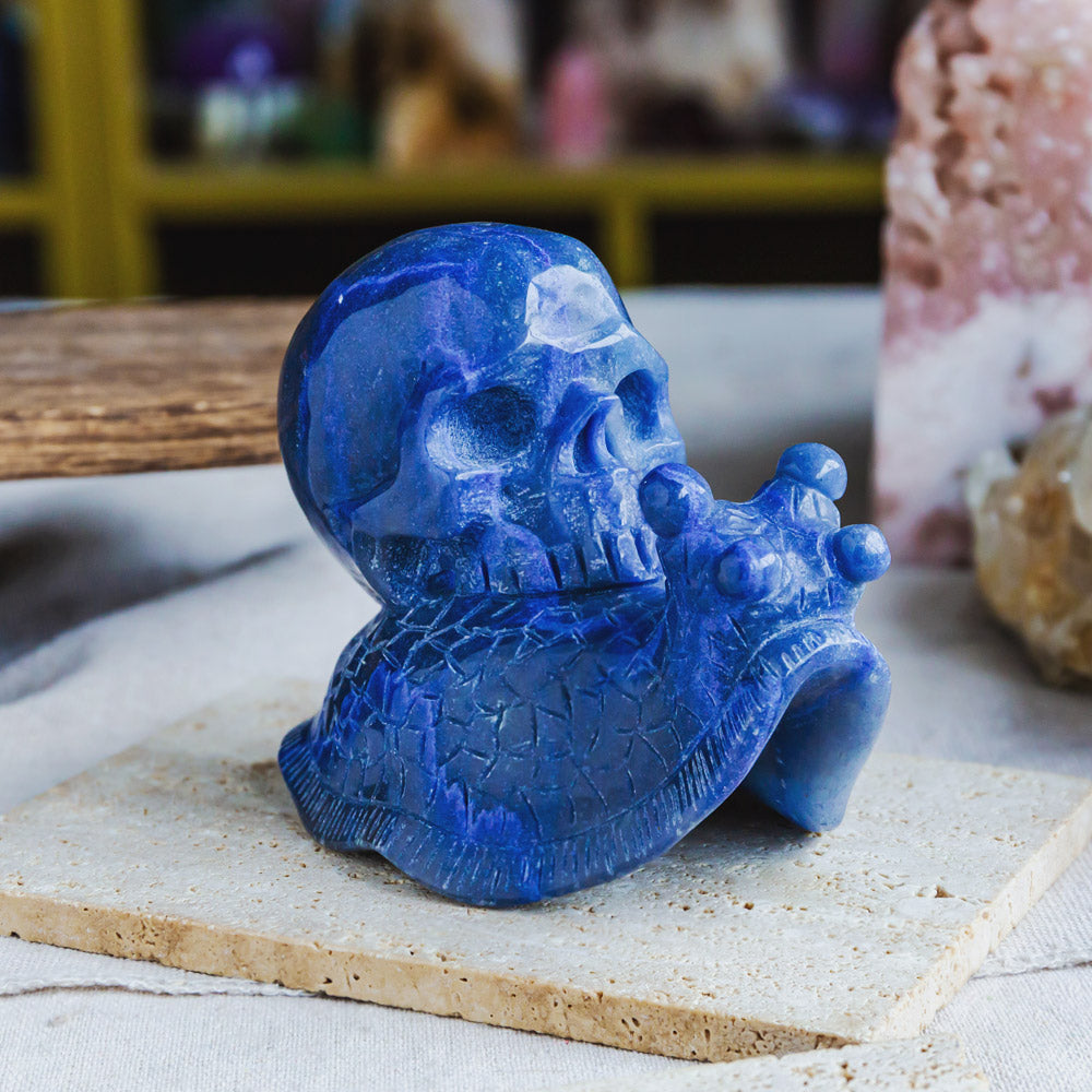 Blue Aventurine Skull With Snail