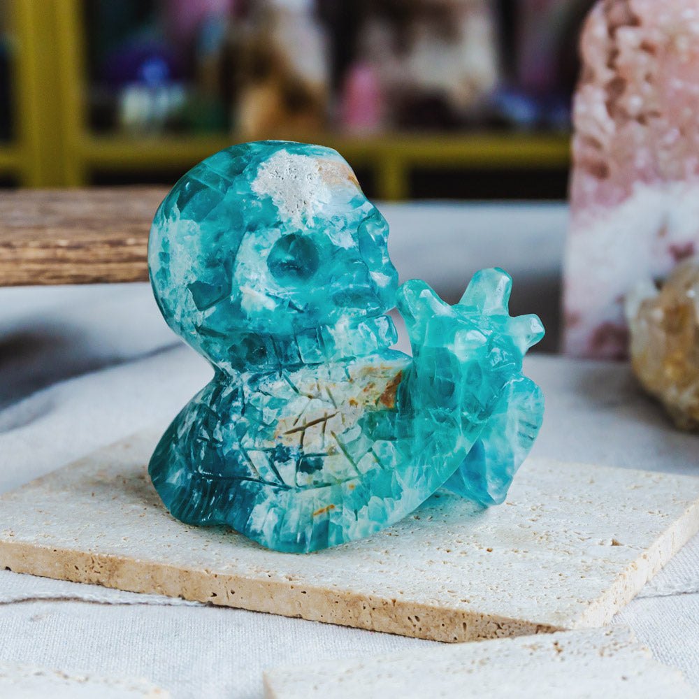 Green Fluorite Skull With Snail