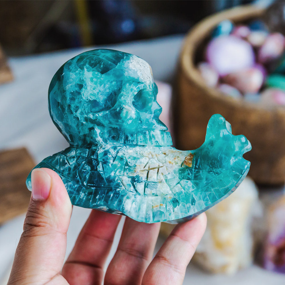 Green Fluorite Skull With Snail