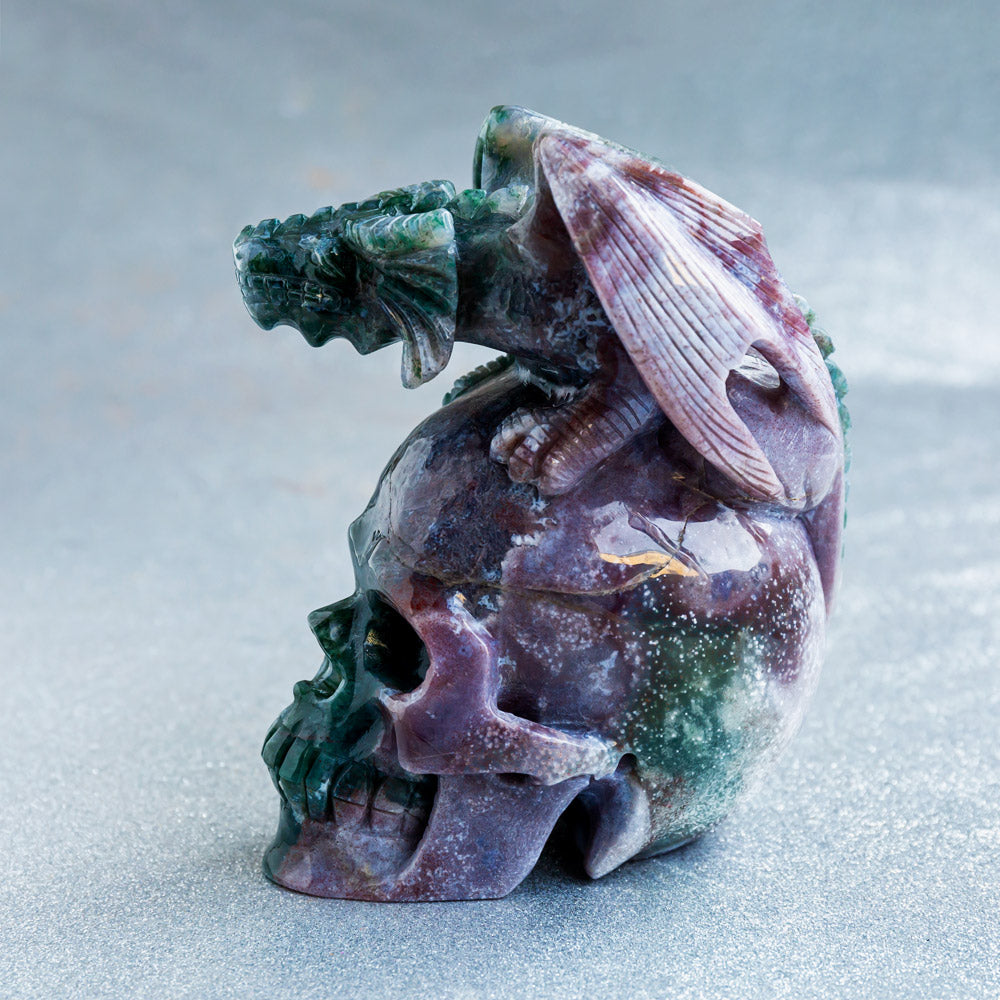 Ocean Jasper Skull With Flying Dragon