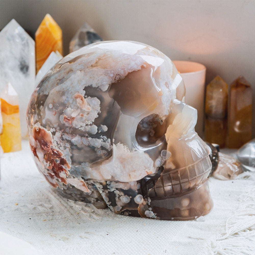 8" Flower Agate Skull