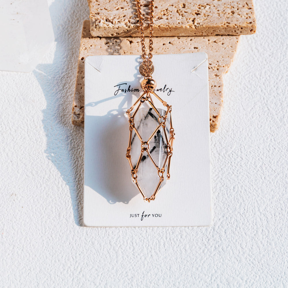 Rose Gold Net Metal Bamboo Necklace Woven Pendant