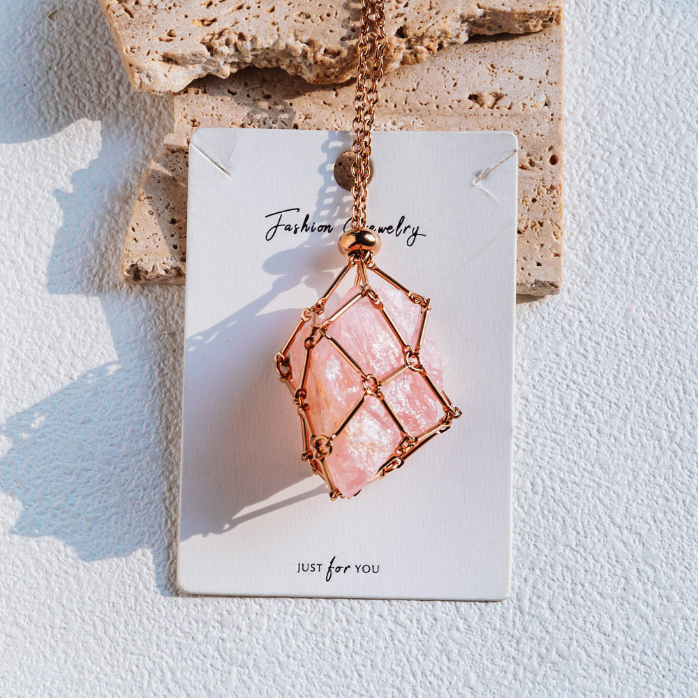 Rose Gold Net Metal Bamboo Necklace Woven Pendant