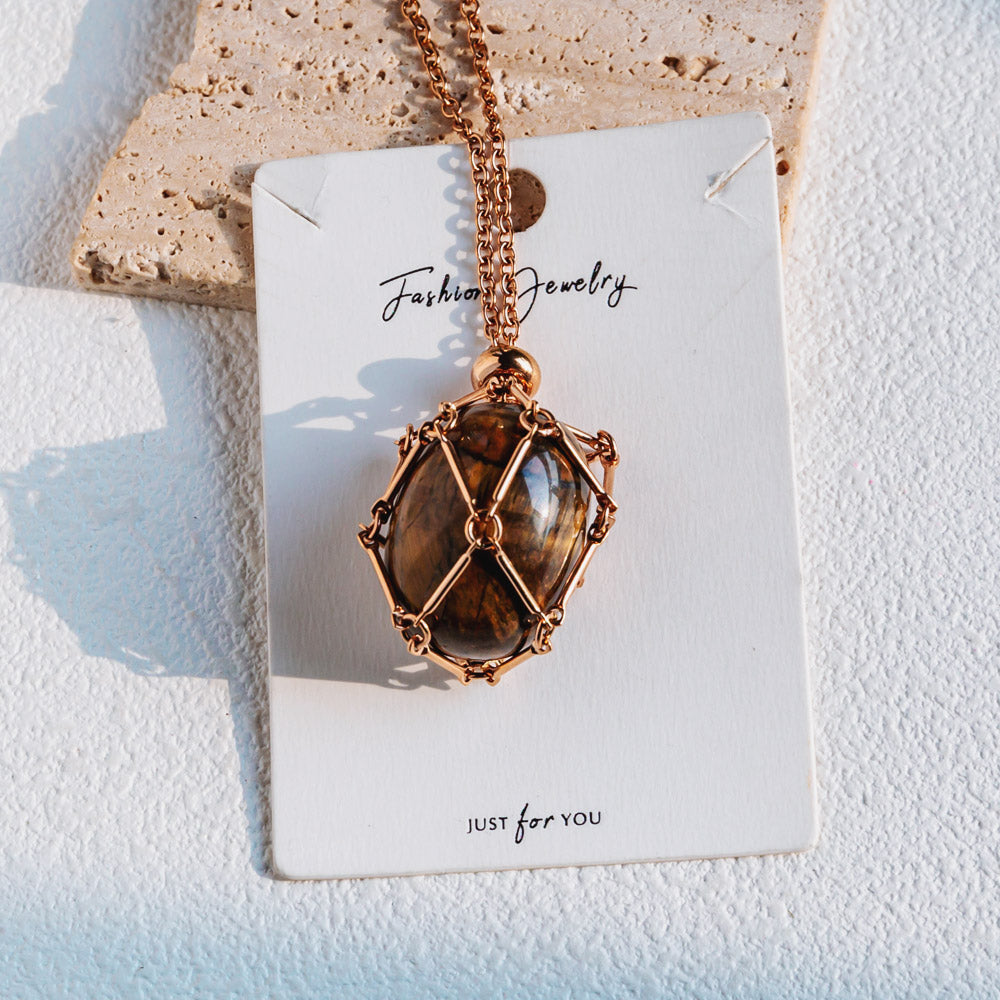 Rose Gold Net Metal Bamboo Necklace Woven Pendant