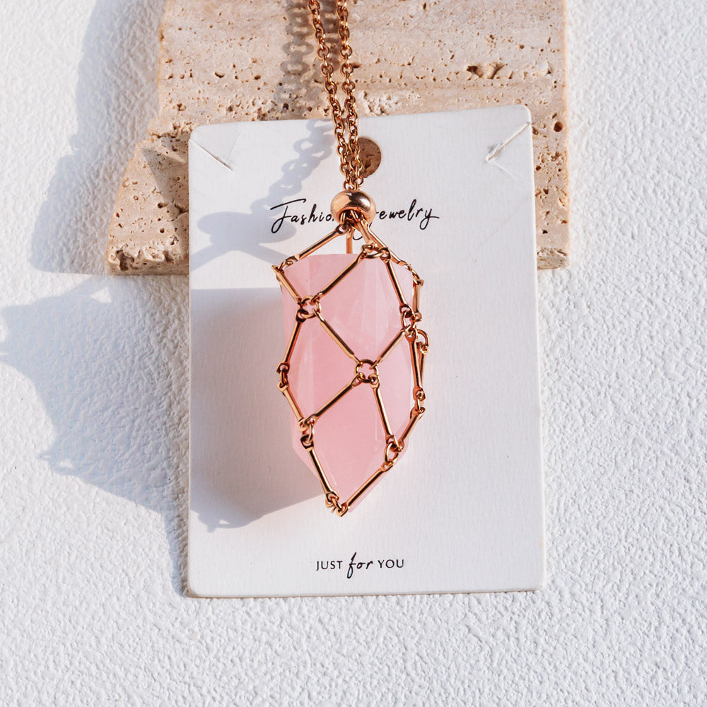 Rose Gold Net Metal Bamboo Necklace Woven Pendant