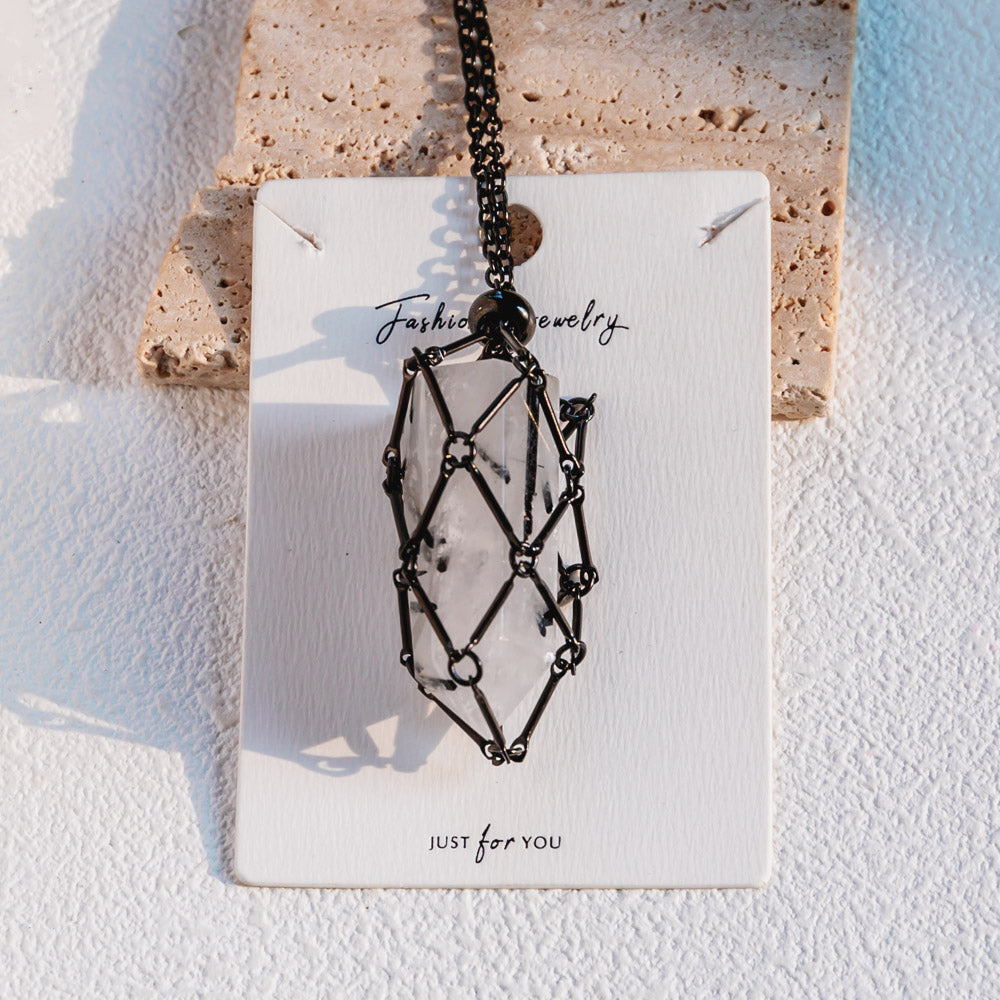 Black Net Metal Bamboo Necklace Woven Pendant