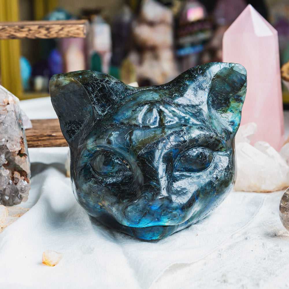 6" Labradorite Cat Head