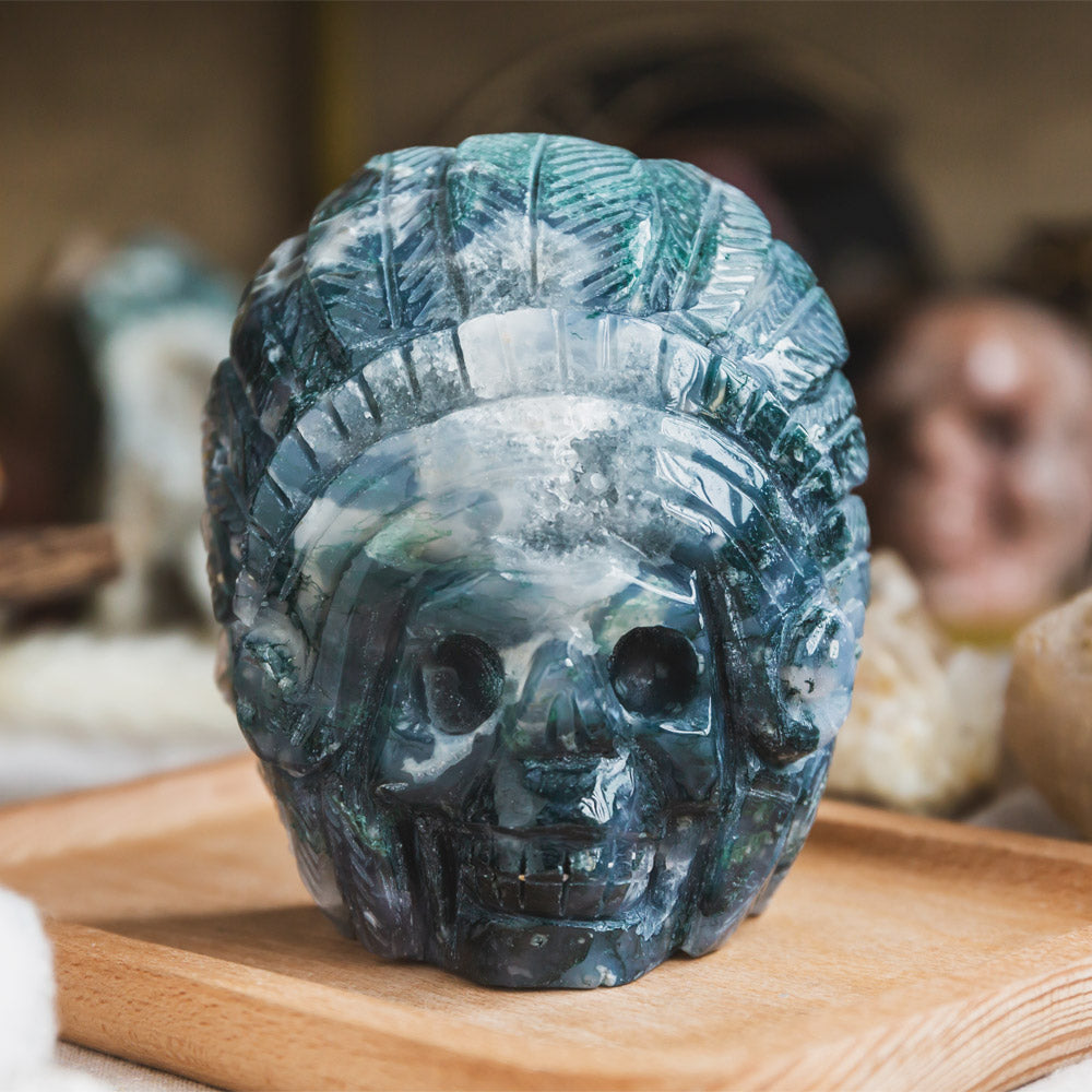 Moss Agate Indian Skull