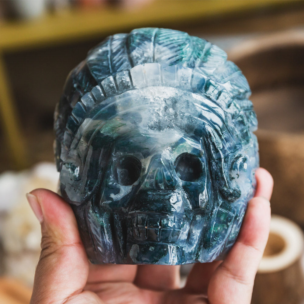 Moss Agate Indian Skull