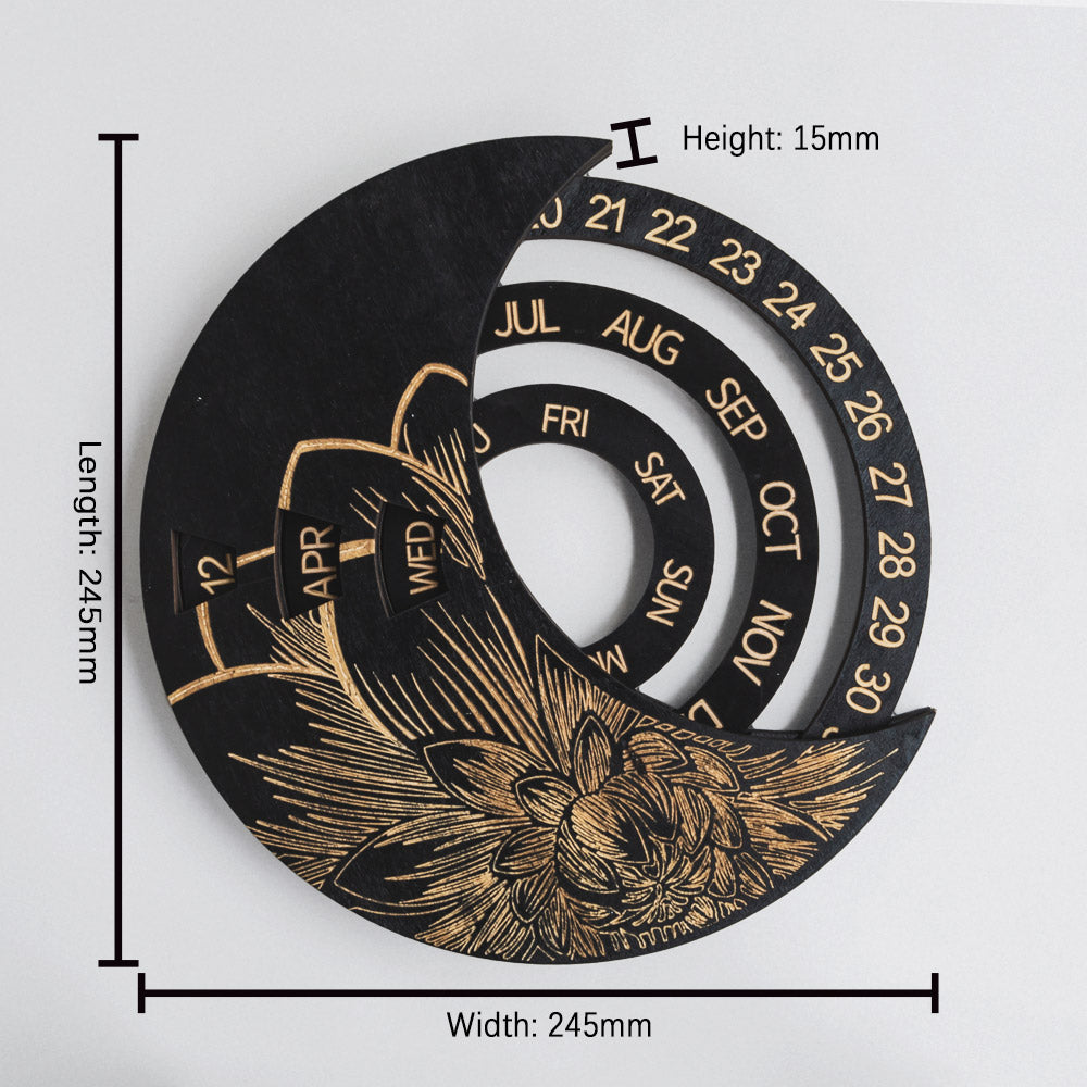 Circle Wooden Crescent Moon Perpetual Calendar Wall Decor