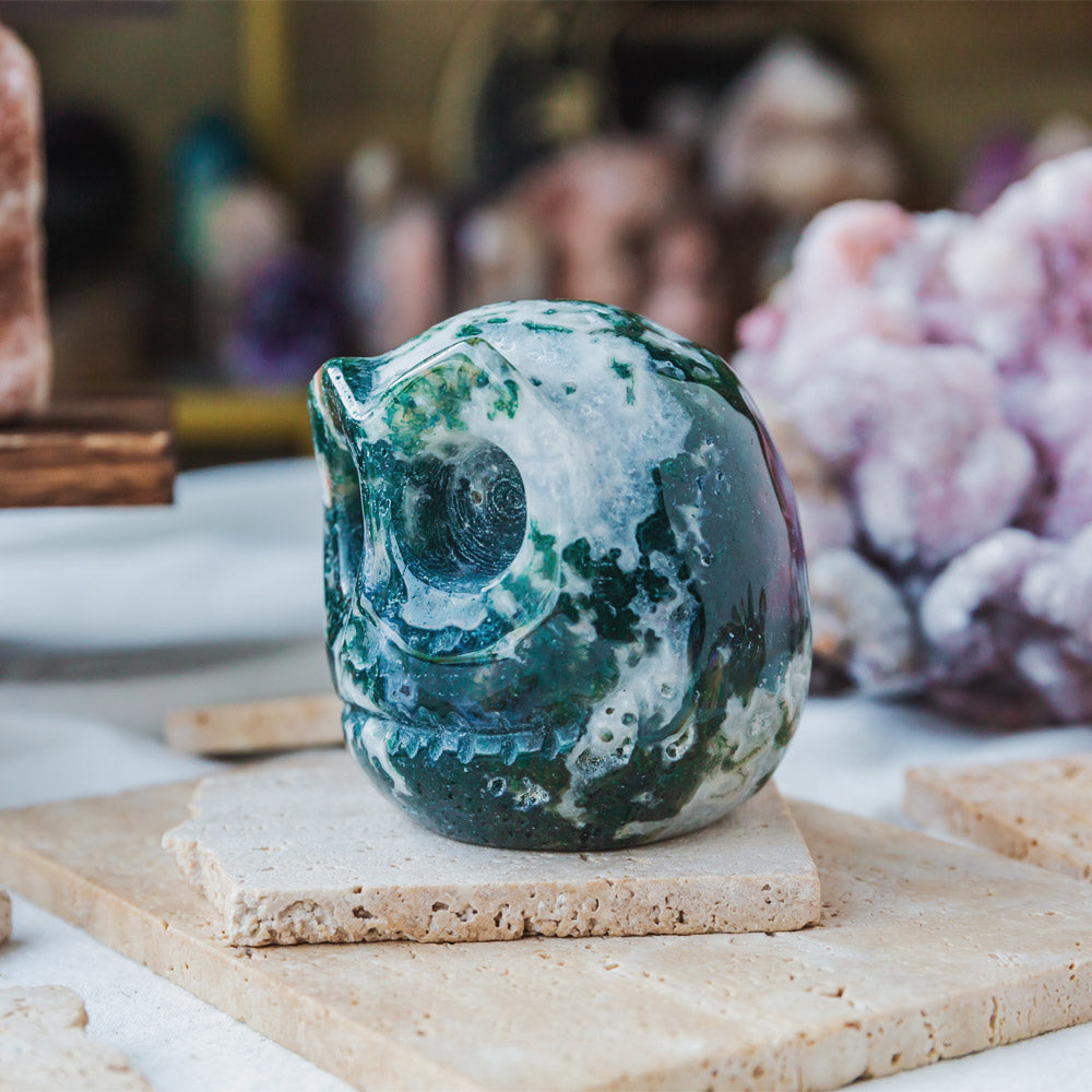 Moss Agate Jack Skull