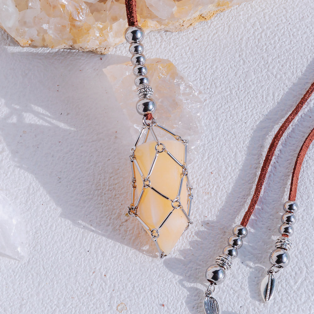 【Brown Leather Rope】Metal Bamboo Woven Necklace【Tumble/Point】