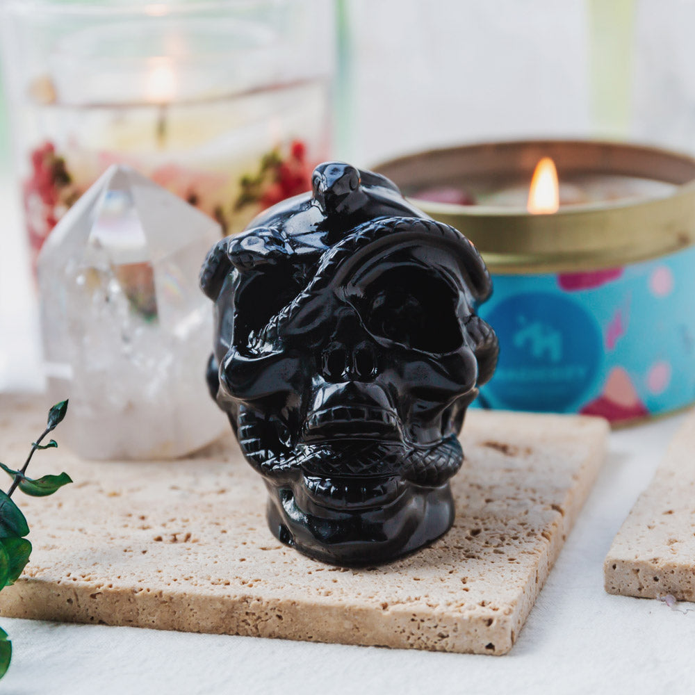 2.5" Black Obsidian Skull With Snake