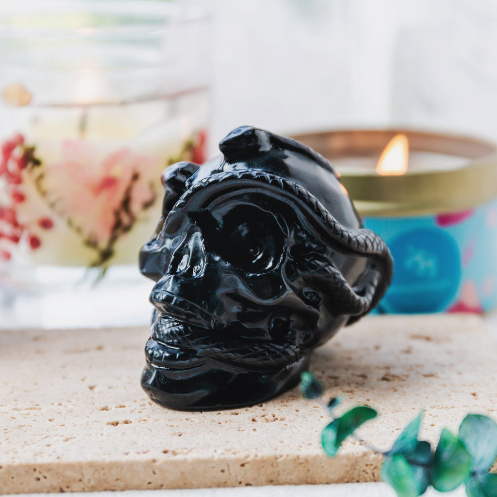 2.5" Black Obsidian Skull With Snake