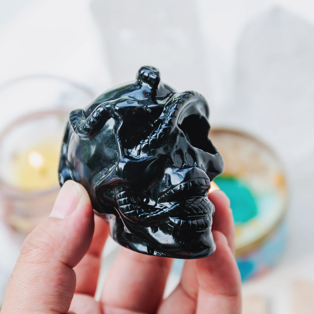 2.5" Black Obsidian Skull With Snake