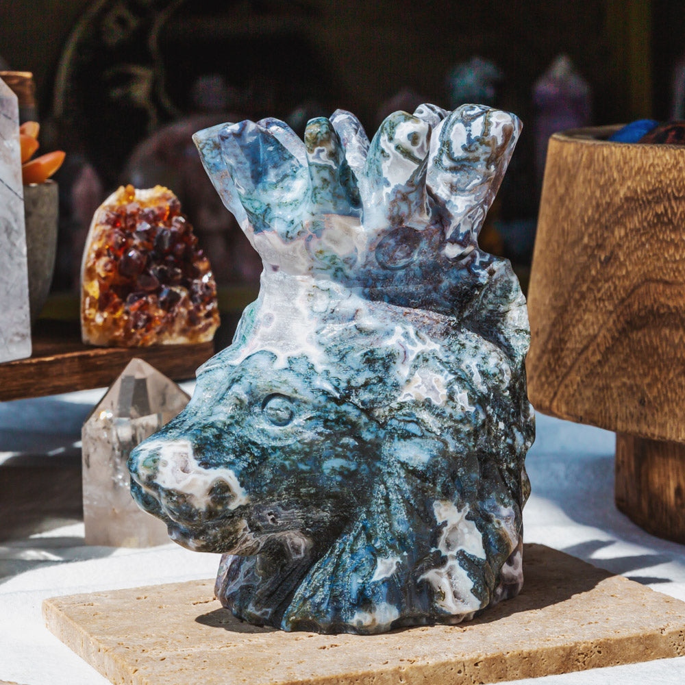 Moss Agate Lion Head