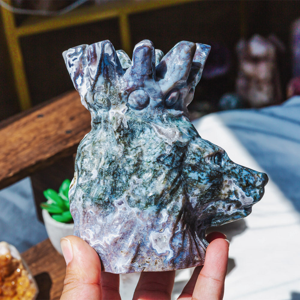 Moss Agate Lion Head