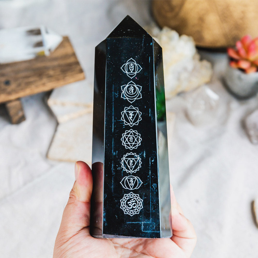 Black Obsidian With Seven Chakras Phase Tower